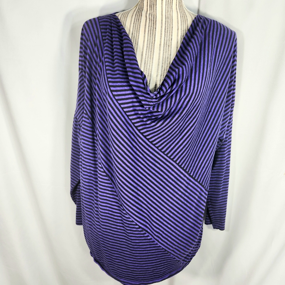 Jones New York Sport Purple & Black Striped Drape Neck 3/4 Sleeve Top Size 1X